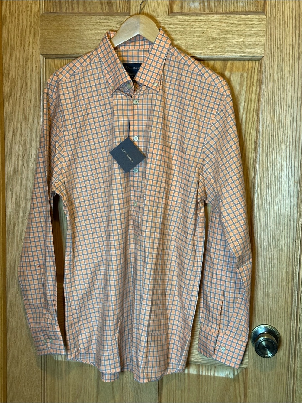 NWT Scott Barber men's button-down shirt orange and blue check size large